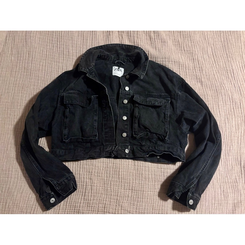 Zara Charcoal Denim Cropped Jacket